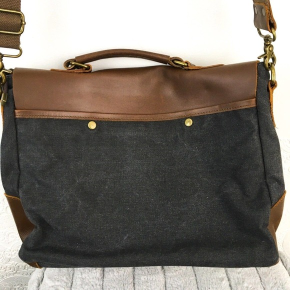 Retro leather & gray fabric laptop carry on travel work messenger bag - Picture 5 of 12